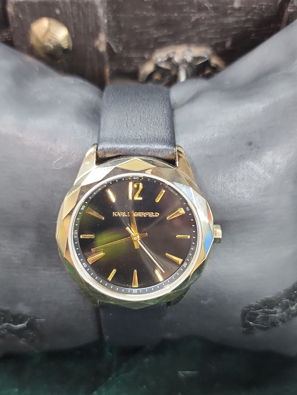Karl Lagerfeld Optik Gold Faceted Bezel Black Leather Watch KL4002